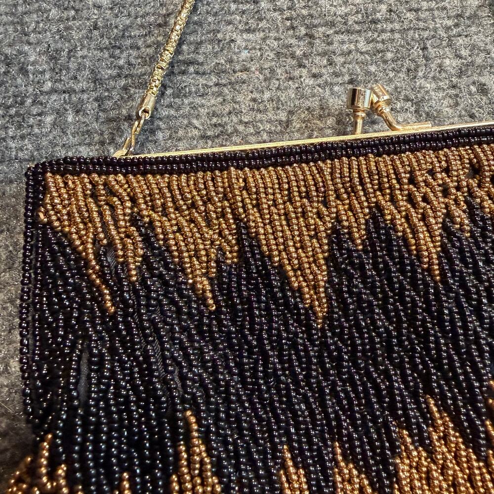 Vintage Black Gold Beaded Handbag Zigzag Geometric Evening Clutch Chain - Picture 3 of 7